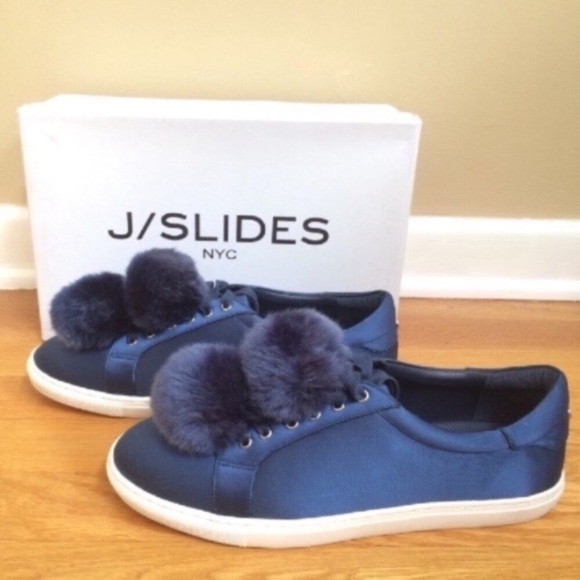 J/SLIDES NYC Cash Satin Faux Fur Pom Pom Sneakers - Picture 6 of 8